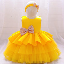 Load image into Gallery viewer, Beautiful yellow golden bow sequined dress
